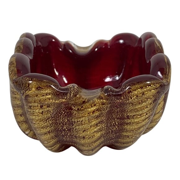 Vintage Deep Red Gold Flecks Inlay Art Glass Mid Century Bowl Trinket Dish - Picture 8 of 13